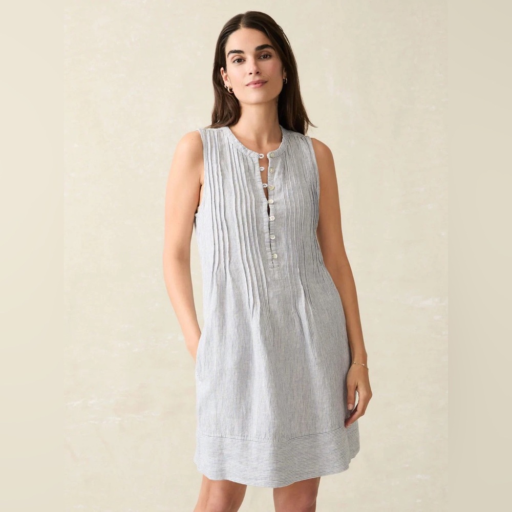 *New* Faherty Blue and White Striped Linen Dress, Size Medium